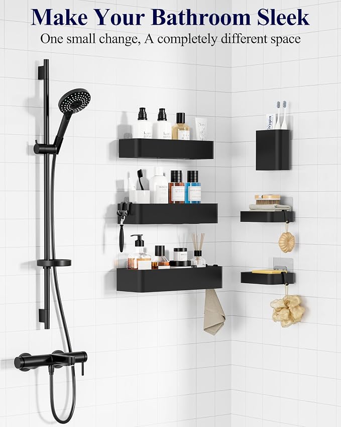 Kitsure Large Shower Caddy - Adhesive 6-Pack Bathroom Shelves, Black | No-Drilling Rustproof Shelves with Soap Holder, Toothbrush Holder, 6 Hooks, Stylish Bathroom Organizers and Storage Solution - Image 2