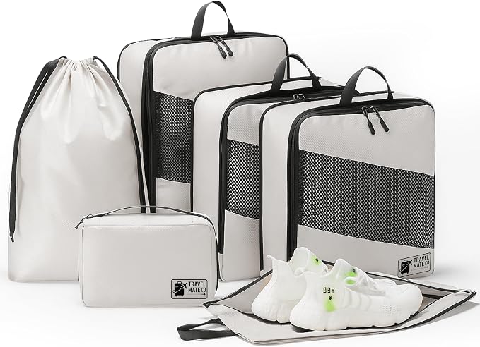 Packing Cubes for Suitcases 6 Set - Expandable Travel Packing Cubes for Luggage with Shoe Bag, Laundry Bag & Toiletry Bag - Lightweight Compression Luggage Organizer Bags for Travel (3 Sizes S/M/L) by TravelMateCo