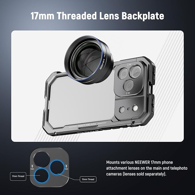 NEEWER Phone Cage Compatible with iPhone 17 Pro Max, Quick Release Video Rig Stabilizer Accessories with 67mm Filter Ring, 17mm Lens Backplate, T Mount Adapter, 4X Camera Control Cap, PA144 (Black) - Image 3