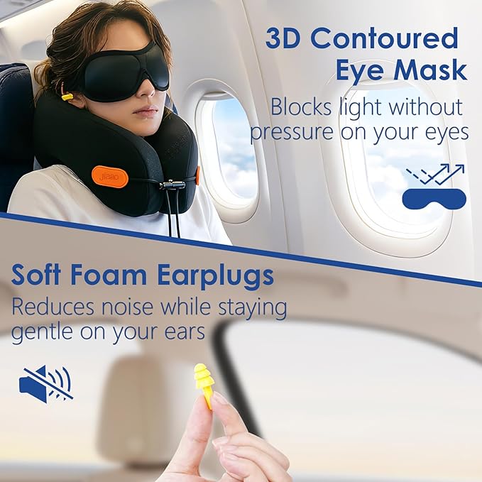 Travel Pillow Memory Foam Neck Pillow for Airplanes with Adjustable Neck Support, Includes Eye Mask, Earplugs & Storage Bag - Perfect for Flights, Road Trips, and Trains - Image 5