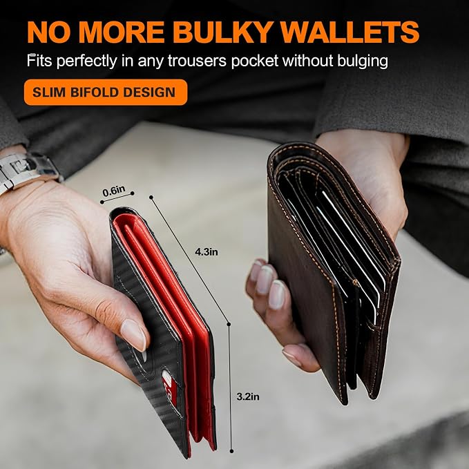 Wallet for Men Slim RFID Blocking Bifold Carbon Fiber,Minimalist Small Compact Front Pocket Credit Card Holder,Thin Mens Leather Wallets Smart Security With 2 ID windows 1 Cash (Black & Red) - Image 5