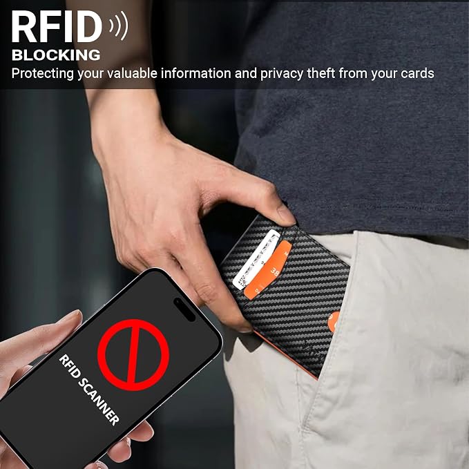 VATAN Wallet for Men Slim RFID Blocking Leather Credit Card Holder Wallet for 15 Cards, Bifold Minimalist Thin Wallet with 2 ID Windows & Cash Slot, With Gift Box (Carbon Black and Orange) - Image 8