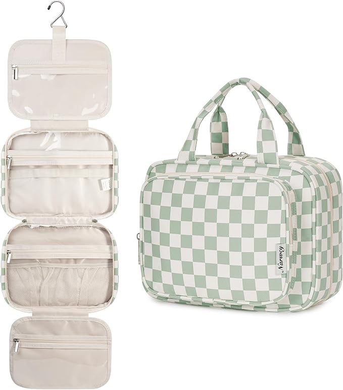 Narwey Hanging Toiletry Bag for Women Travel Checkered Makeup Bag Organizer Toiletries Bag for Travel Size Essentials, Accessories, Brushes, Cosmetics (Green Checkerboard (Medium)) by Narwey
