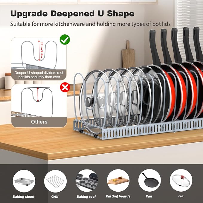 Housolution Pot and Pan Lid Organizer Holder Storage Rack, Grey | 12"-23" Expandable, 14 Adjustable Dividers, Sturdy Metal Construction, Easy Assembly - Image 2