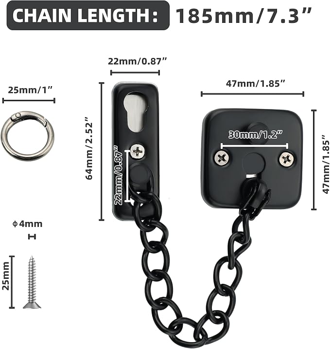 Mooche Door Chain Lock, Chain Door Lock with Spring Anti-Theft Press Lock | Thickened Stainless Steel Door Latch Guard with Screws for Interior Outdoor Toilet Barn Fence Garage (Black) - Image 2