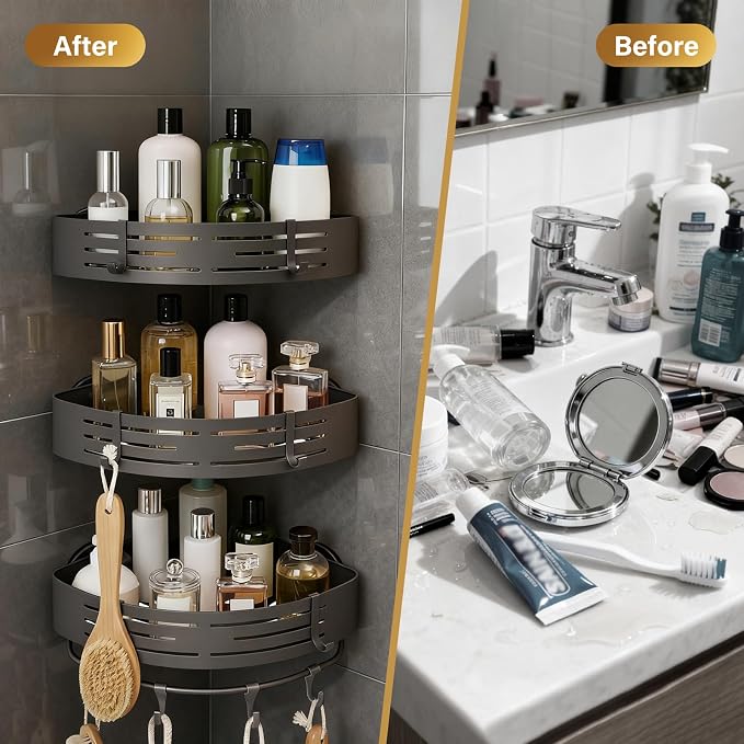 3-Tier No-Drill Storage Caddy with Hooks&Towel Bar,Organizing Solution for Bathroom,Shower&Kitchen,Holds Shampoos,Soaps,Sponges&Cleaners,Triangle - Image 5