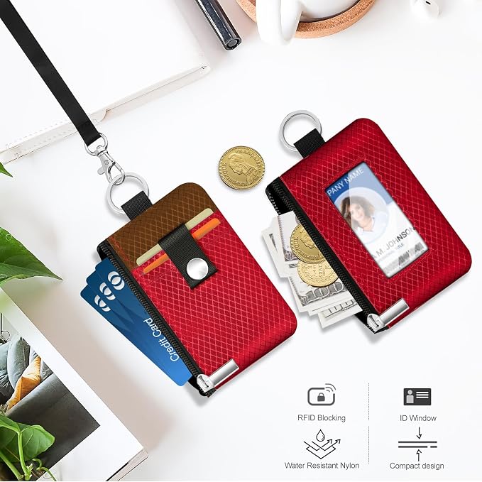 Minimalist RFID Blocking Small Wallet with ID Window,WaterResistant Zip Id Case Wallet with Lanyard Keychain for Cards,Cash,Travel,Women,Men (Red/Brown) - Image 8