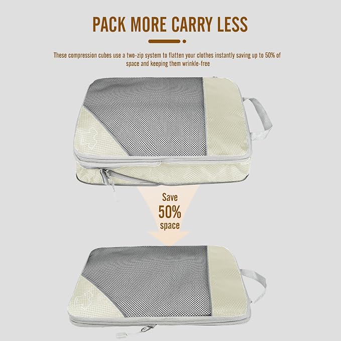 8 Set Compression Packing Cubes for Travel, Expandable Luggage Organizer with Shoe Bag & Laundry Bag - Lightweight Suitcase & Backpack Travel Essentials (Beige) - Image 3