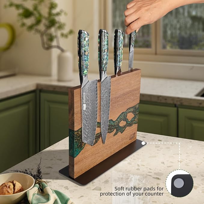 Magnetic Knife Block, Double-Sided Knife Holder with Strong Magnets, Acacia Wood and Golden Green Resin, Countertop Kitchen Knife Storage Stand (12 × 10 Inches, Without Knives) - Image 4