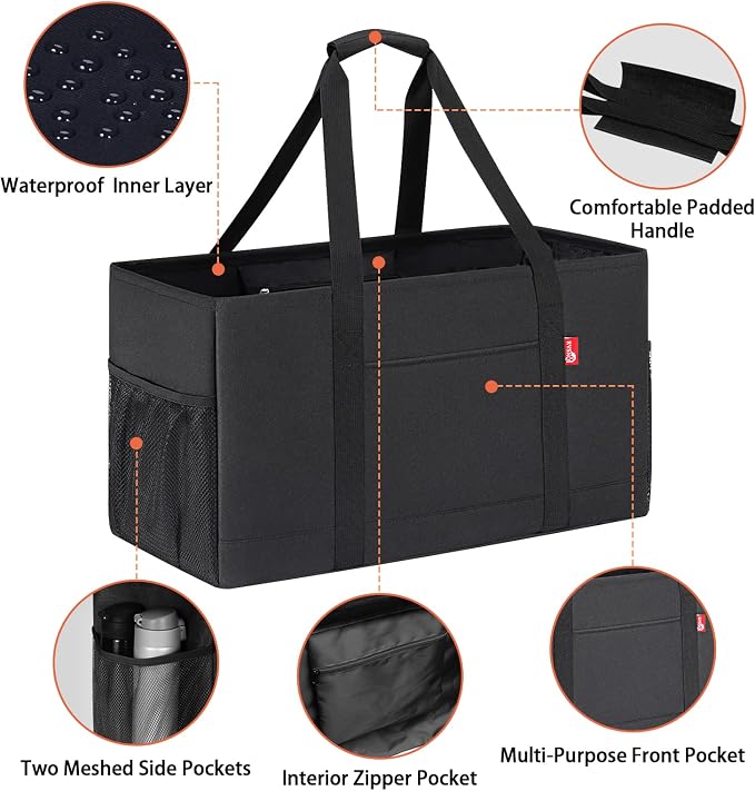 Extra Large Utility Tote Bag, Foldable Reusable Grocery Bags with Metal Wire Frame & Reinforced Bottom Board, Stand Up Large Utility Tote for Shopping, Beach Bag, Laundry, Car (Black) - Image 5