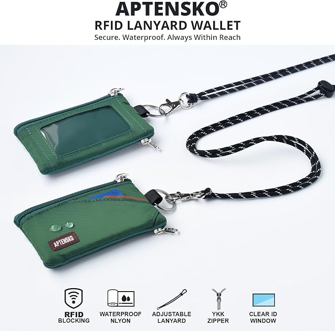 RFID Blocking Travel Wallet with Adjustable Lanyard, Small Nylon Zipper Pouch and Badge Holder for ID, Credit Cards, Cash, Keys, Commuters (Forest Green) - Image 2