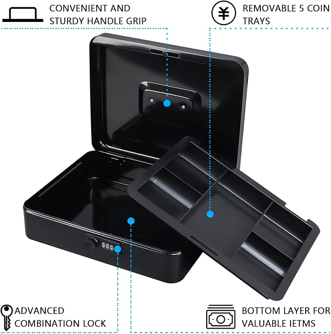 KYODOLED Metal Cash Box with Combination Lock Money Box for Cash Safe Metal Box with Money Tray for Security Lock Box 11.81"x 9.45"x 3.54" Black X Large - Image 3