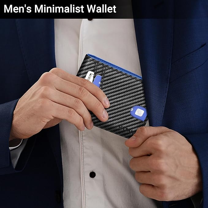 VATAN Wallet for Men Slim RFID Blocking Leather Credit Card Holder Wallet for 15 Cards, Bifold Minimalist Thin Wallet with 2 ID Windows & Cash Slot, With Gift Box (Carbon Black and Blue) - Image 2