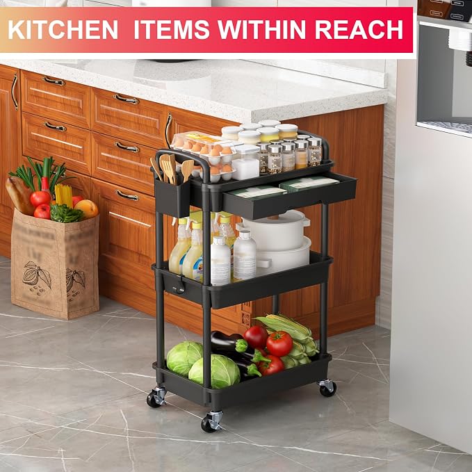 Goovilla 3 Tier Rolling Utility Cart Organizer with Removable Drawer, Black | Stable and Sturdy Rolling Storage Carts with 2 Lockable Wheels for Bathroom, Kitchen, Snack, Craft, Makeup, Baby Essentials - Image 7