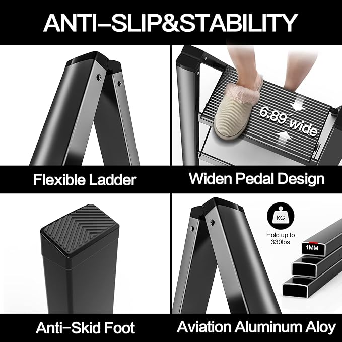 2 Step Ladder, Folding Step Stool with Anti-Slip Wide Pedal | Lightweight, Aluminum Material, 330LBS Load, Portable, Easy Storage, Space Saving, for Kitchen, Bedroom Use, Black - Image 3