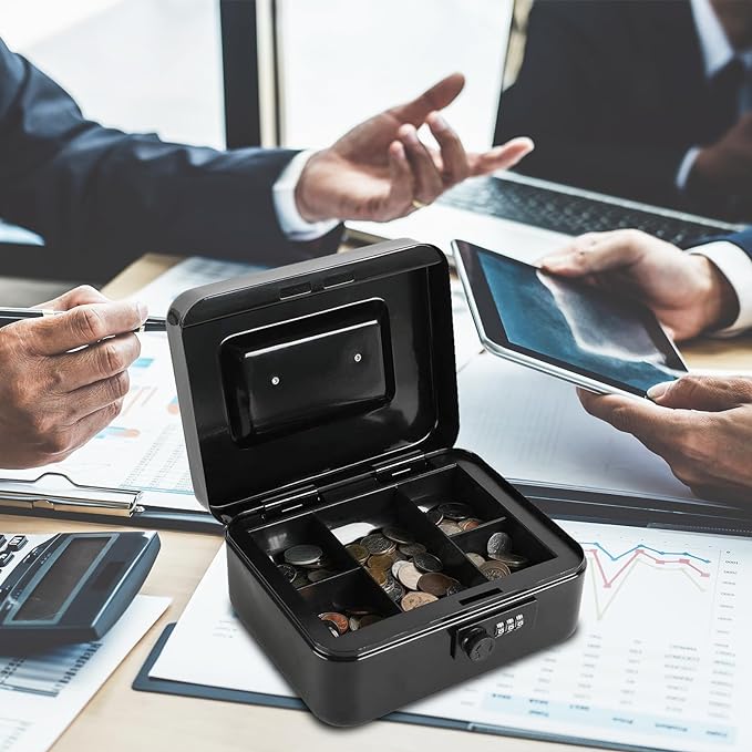 xydled Steel Cash Box Safe with Combination Lock,Money Safe Box with Removable Coin Tray,Large,9.84"x 7.87"x 3.54",Black - Image 2