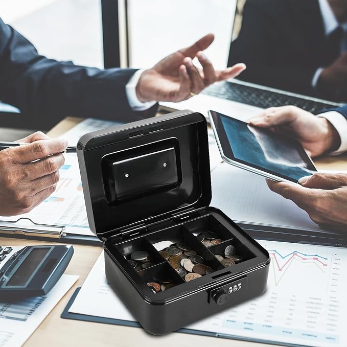 xydled Steel Cash Box Safe with Combination Lock,Money Safe Box with Removable Coin Tray,Medium,7.87"x 6.30"x 3.54",Black - Image 2