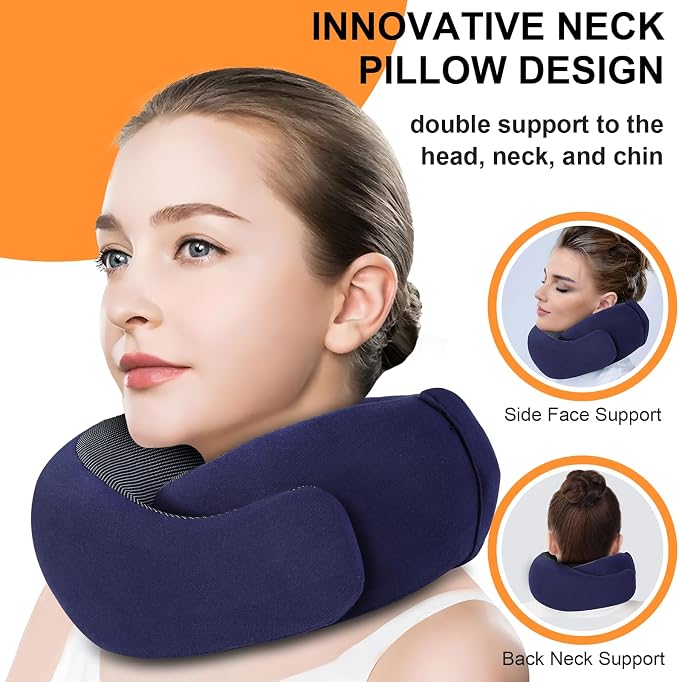 Travel Pillow - Hooded Neck Pillow Airplane Memory Foam Filling | for Plane, Office, Cars Sleeping, Road Trip, Long Flights Essentials, Includes Eye Mask & Earplugs (Navy) - Image 3