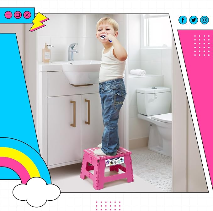 Delxo 9 Inch Kids Step Stool,300 Lbs Folding Step Stool for Toddler Pink | Foldable Step Stool,Non-Slip Foot Stools with Handle, Lightweight Collapsible Stool for Kitchen,Bathroom,Bedroom,Garden - Image 8