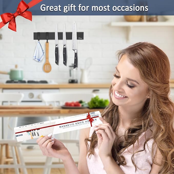 Dmore magnetic knife holder for wall—with 2 hooks, No Drilling 10 Inch black knife magnetic strip, Powerful knife magnet rack, include Adhesive Tape and screws for Knives, Utensils, and Tools - Image 6