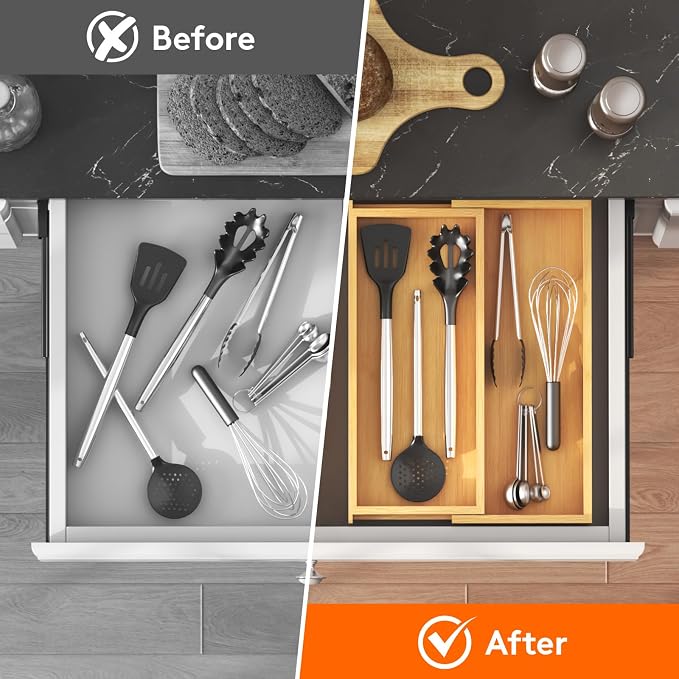 Lifewit Bamboo Utensil Organizer for Kitchen Drawer, Cooking Utensil Tray | Expandable Cutlery Silverware Flatware Holder, Wood Adjustable Spatula Tools Storage Divider, 7-12 x 15.75", Natural - Image 8