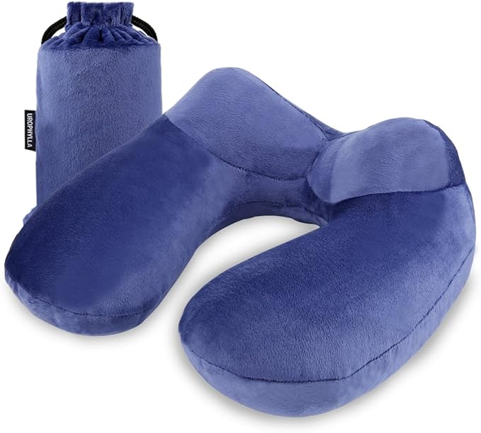 Inflatable Travel Pillow for Airplane, Soft Velvet Inflatable Travel Neck Pillow for Airplanes, Train, Car, Home and Office with Packsack & Comfortable Velvet - Blue by UROPHYLLA