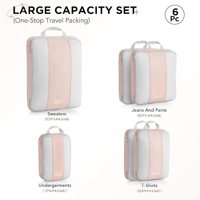OlarHike 6 Set Compression Packing Cubes for Travel Essentials,Compressible Expandable Space Saver Bags for Organizing Clothes,Luggage Suitcase Garment Bags with Over 1000 pcs Mesh Holes(Beige) - Image 2
