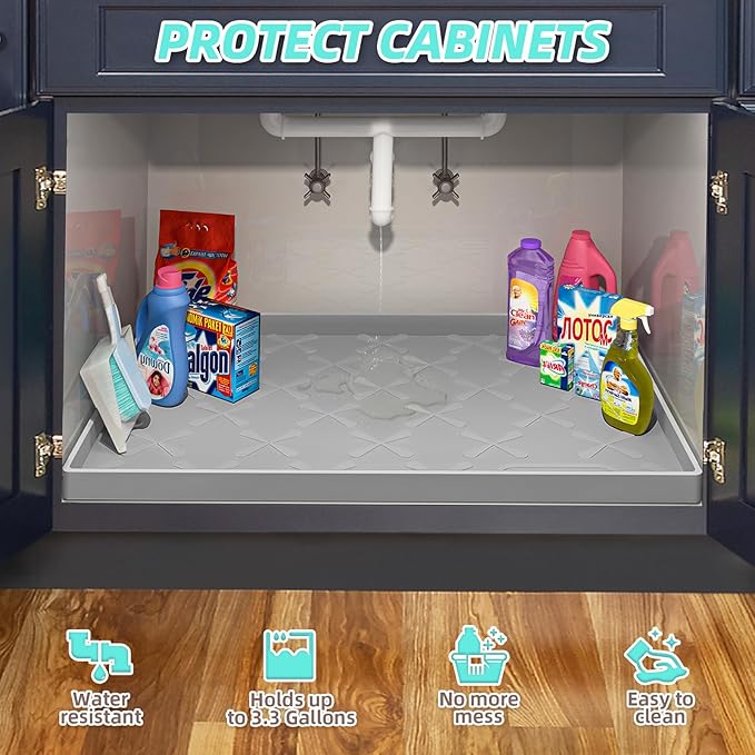 Waterproof Under Sink Mat 31" x 22" Kitchen Cabinet Liner Silicone | BPA-Free Silicone Mat with Raised Lip Protects Cabinets from Leaks, Versatile Home Organizer for Bathroom, Pets, Boots, Floor - Image 5