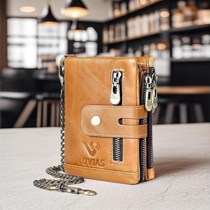 Anti-Theft Mens Wallet with Chain Genuine Leather ID Window Purse with RFID Blocking Bifold Double Zipper Coin Pocket with Gift Box - Image 8