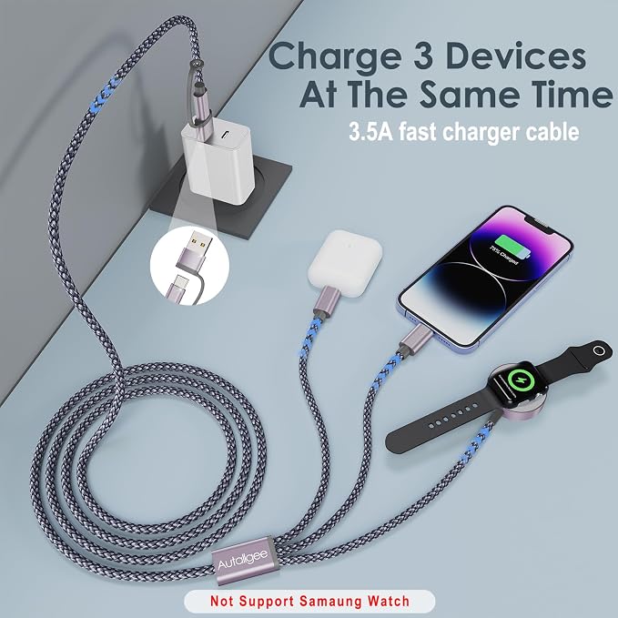 Travel Essentials,Multi Charging Cable for Apple Watch iPhone Charger Gray | 4FT for Airplane Gadgets RV Essentials for iWatch Ultra/10-2/iPhone 17-11/Samsung S25-S20,airPods,Car - Image 7