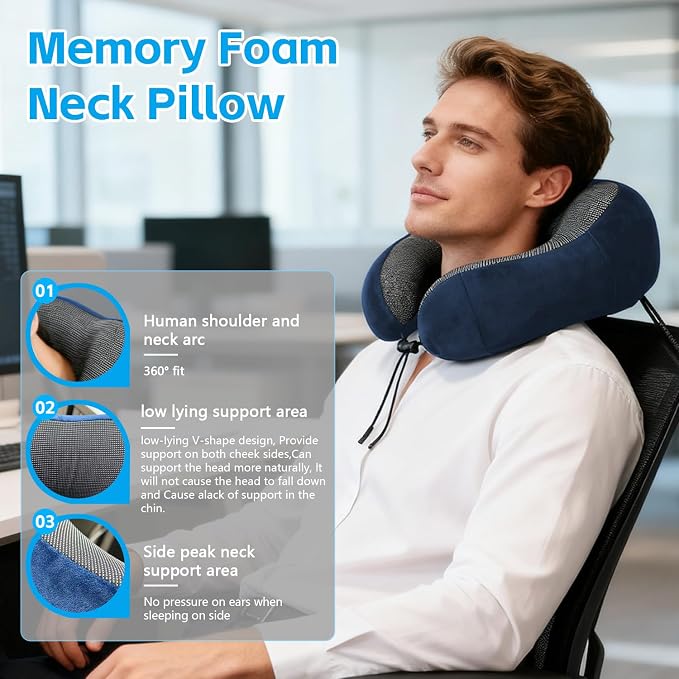 Airplane Pillow, Travel Neck Pillow with Memory Foam - Adjustable Buckle & Machine Washable Cover for Neck Support, Includes Eye Mask & Ear Plugs(Blue) - Image 2