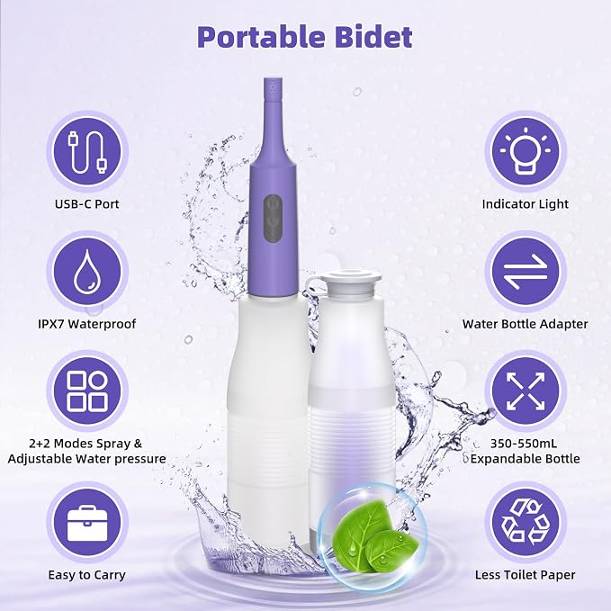 Hibbent Portable Bidet for Travel, High Pressure Electric Handheld Bidet Sprayer, 350-550ML Expandable Bottle for Personal Hygiene, USB-C Rechargeable Waterproof Sprayer for Women & Men, Purple - Image 6