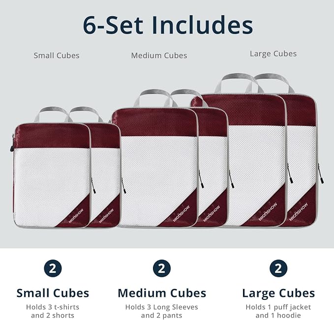 6 Set Compression Packing Cubes for Travel - Compressible, Lightweight, and Space-Saving Packing Cubes, Travel Essentials for Women, Wine - Image 3