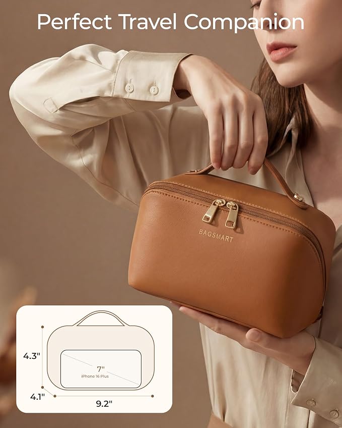 BAGSMART Makeup Bag Travel Cosmetic Bag,Women Toiletry Case, Cream Beige | Make Up Bag Flat Open Toiletry Bag for Women, PU Leather Travel Essentials Wide-open Skincare,Brushes Organizer Case Large - Image 6