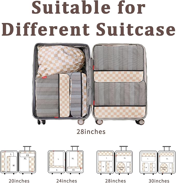 U+U 6 Set Compression Packing Cubes, Travel Organizers (Khaki Checkered) | Space-Saving & Drawstring Bag Included - Image 7