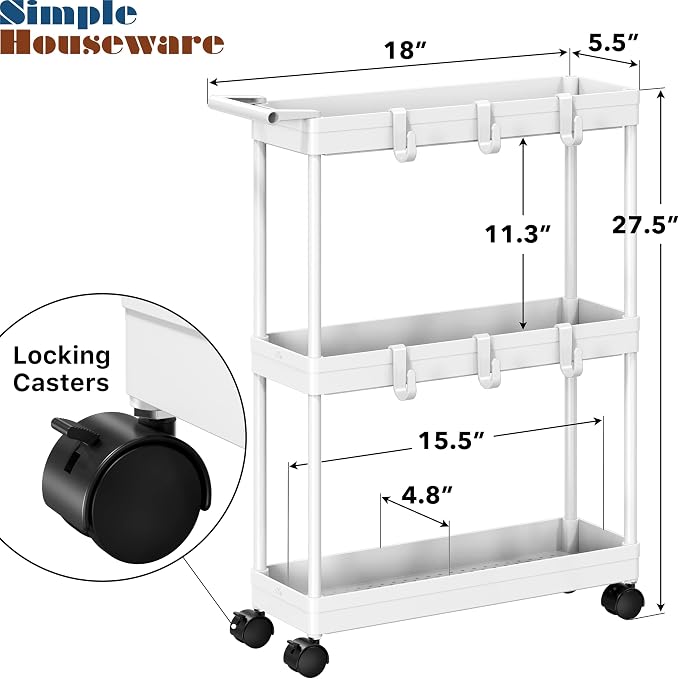 Simple Houseware 3-Tier Slim Rolling Cart w/Handle 5.5" Wx27.5 H, White | Storage Cart for Narrow Space (5.5-Inch Wide) Kitchen, Bathroom, Laundry Room - Image 3