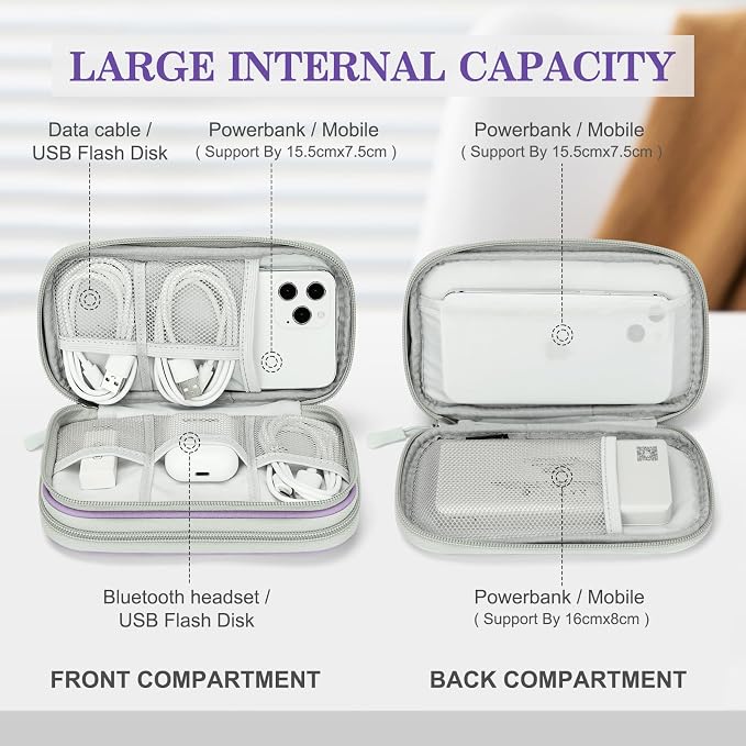 FYY Electronic Organizer, Travel Tech Pouch, Cable Organizer Light Purple | Wrist Strap, Waterproof, Double Layers Portable Electronics Travel Carrying Case for Cord, Charger, Daily Business Trips Use - Image 3