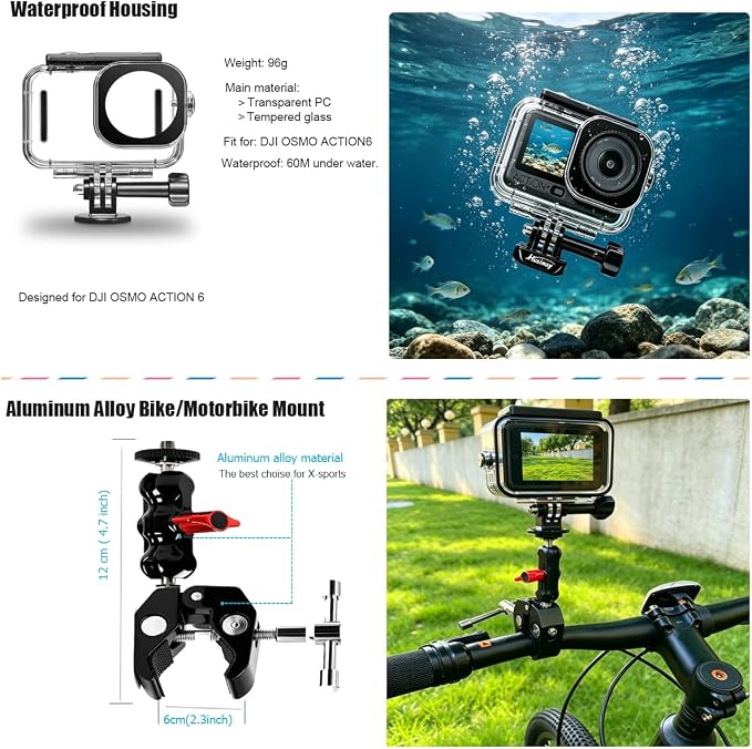 Accessories Kit for DJI Osmo Action 6 Aluminum Alloy Bike Mount Selfie Stick Tripod, Waterproof Housing, Magnetic Mount with Chest Strap, Head Mount, Carrying Case DJ6B (DJI OSMO ACTION6) - Image 4