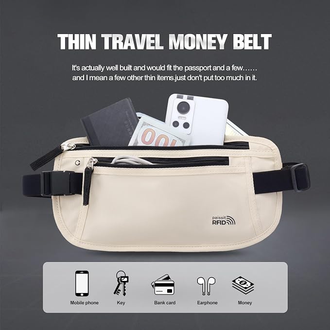 Unisex Money Belt For Men and Women, Slim Passport Holder RFID Blocking Travel Essentials Bags with Adjustable Strap Small Waist Pouch for Workout Running Travelling Hiking, Cream White - Image 3