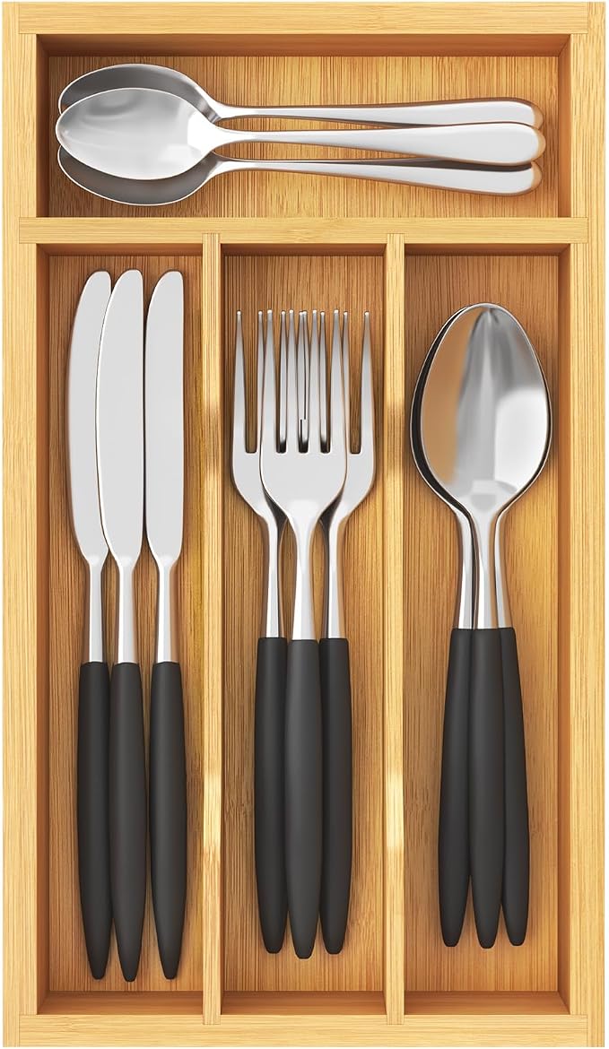 Lifewit Silverware Drawer Organizer, Wooden Utensil Tray for Kitchen | Flatware and Cutlery Holder, Adjustable Storage for Spoons Forks Knives, 6.9 x 12.8", Natural by Lifewit