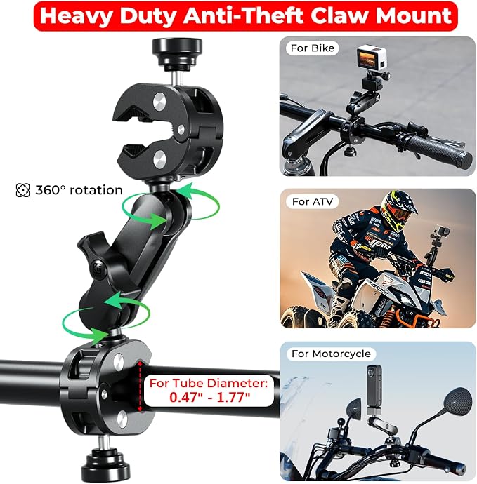 VAZESWIN Aluminum Alloy Motorcycle Camera Mount Kit for GoPro Insta360 DJI | Anti-Theft, 360° Rotation Heavy-Duty Bike Handlebar Clamp Mount with Extendable Selfie Stick for Motorcycle Bike ATV UTV Jeep - Image 4
