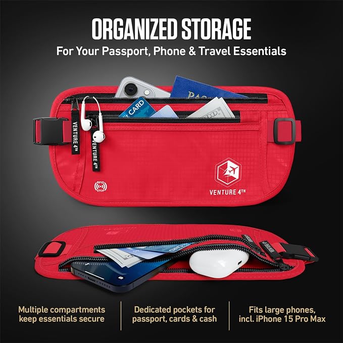 VENTURE 4TH Travel Money Belt, RFID Blocking Passport Holder - Red - Image 5