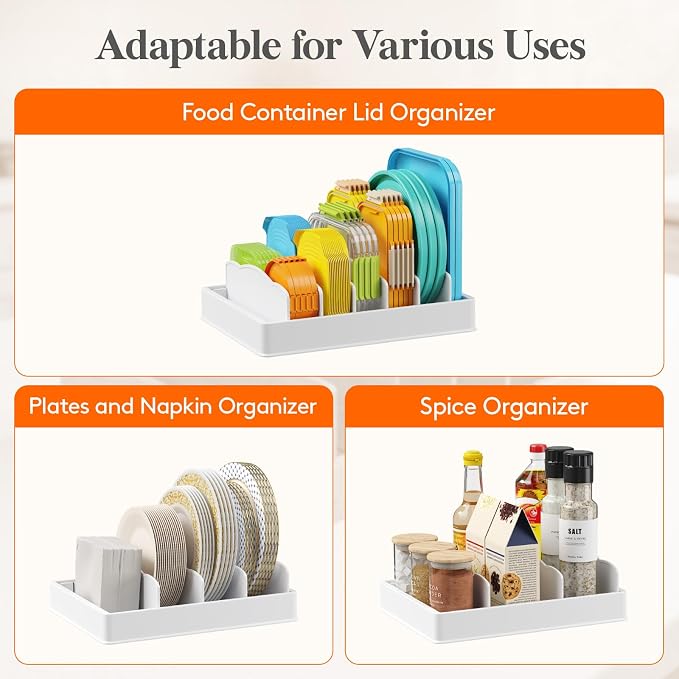 Lifewit Kitchen Cabinet Organizer for Food Contanier Lid with 7 Sections | Lid Holder with 6 Adjustable Dividers for Pantry Organizers and Storage, Home Drawer Organization, White, Large, 13" x 10" - Image 8