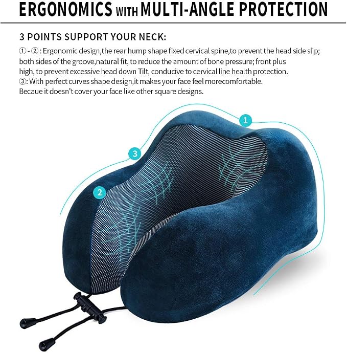 TALLGO Travel Pillow, Best Memory Foam Neck Pillow Head Support Soft Pillow for Sleeping Rest, Airplane Car & Home Use (Dark Blue) - Image 7