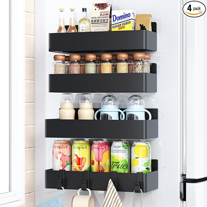 Mystozer Magnetic Spice Rack for Refrigerator, Kitchen Organizer and Storage Shelf, Black (4 Pack)… by Mystozer
