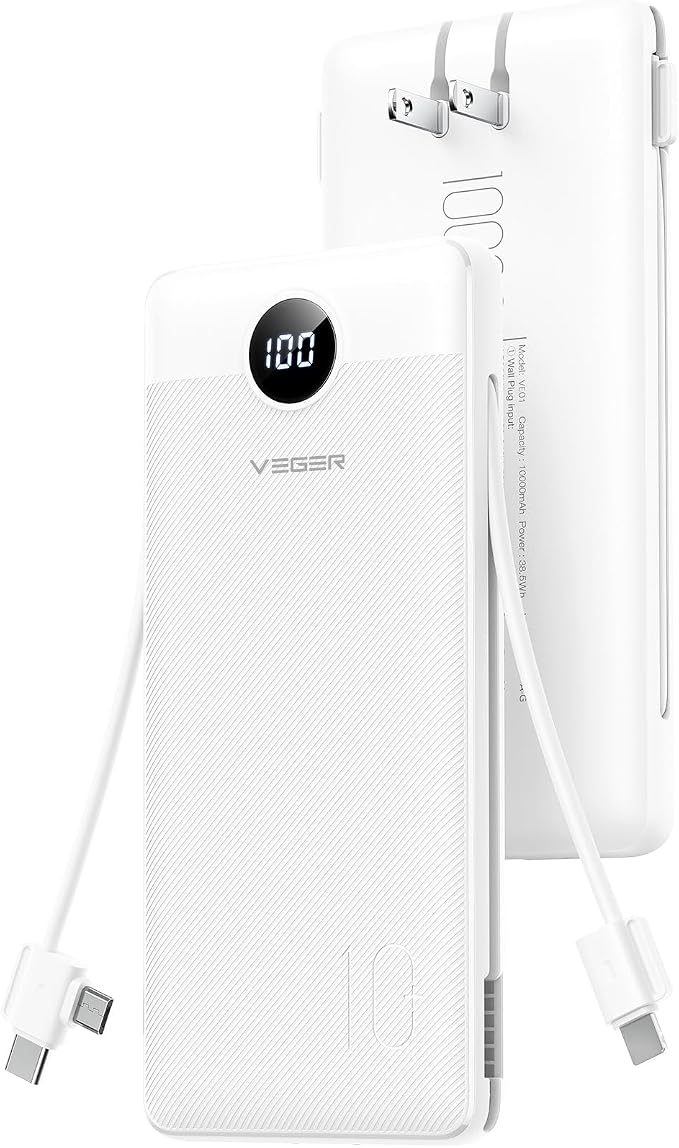 VEGER Portable Charger, 10000mAh Power Bank, Built in Wall Plug and Cables | Ultra Slim&Compact, Charge 5 Devices at Once, Flight-Safe, Travel Essentials Battery Pack for iPhone 17, iPad, Samsung, etc by VEGER