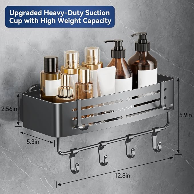 Rectangle Shower Caddy Suction Cup, Gray (2 Pack) | Rustproof aluminum shelf with towel bar & hooks. No-drill suction mount. Removable bathroom storage - Image 2