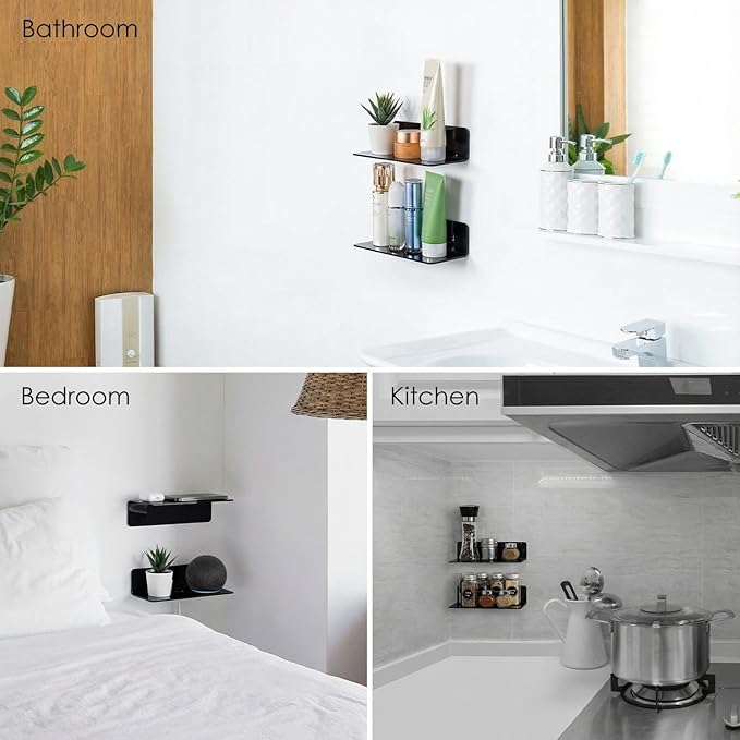 OAPRIRE Acrylic Floating Wall Shelves Black, No Drill, 9 Inch 2 Pack | Strong Tape Adhesive Wall Shelf, Easy Installation, Hole Design with Cable Clips, Small Spaces Bedroom Bathroom Living Room - Image 4