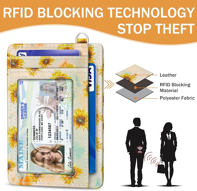 Yonlevres Sunflower Credit Card Holder Slim RFID Wallet Women Wristlet Gift | Front Pocket, Handy, RFID Blocking, Woman Girls Ladies Gifts, D-ring for Keychain,Thin Mini Card Case, ID Window, PU Leather - Image 5