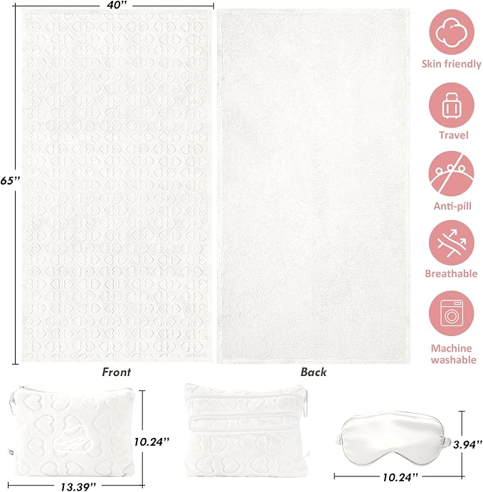 Travel Blanket, Airplane Blanket, Ultra-Soft, Warm & Lightweight, 65x40 in, Outdoor Blanket Essentials for Women, Men & Kids, Included Eye Mask, Luggage Sleeve & Backpack Clip Heart Cream - Image 6